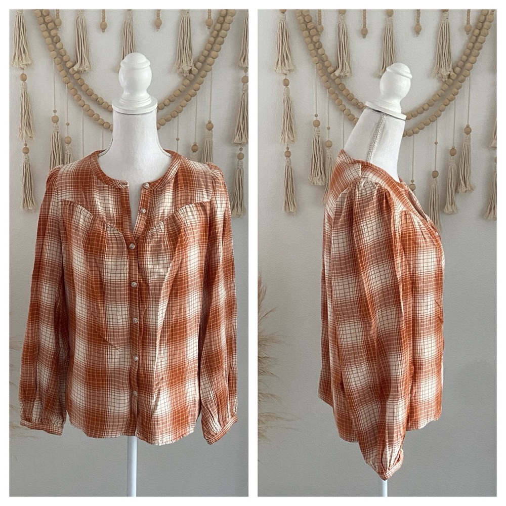 Universal Thread copper brown gauze plaid top puff sleeve cottage core small